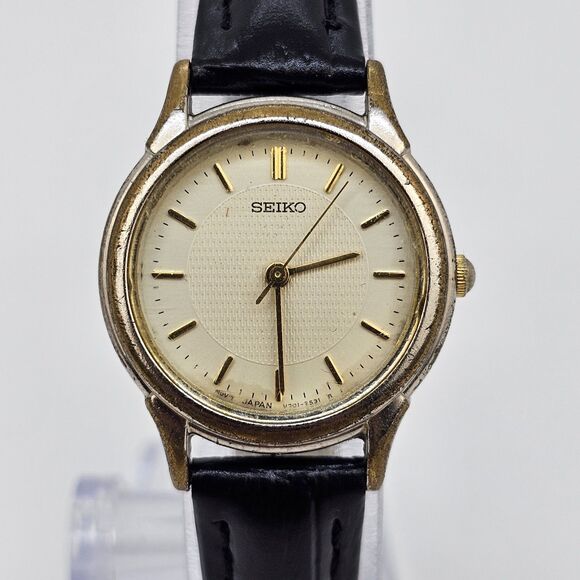 Seiko Women's Watch 24MM Gold Dial Gray Gold Case Black Leather Band New Battery - Picture 2 of 14